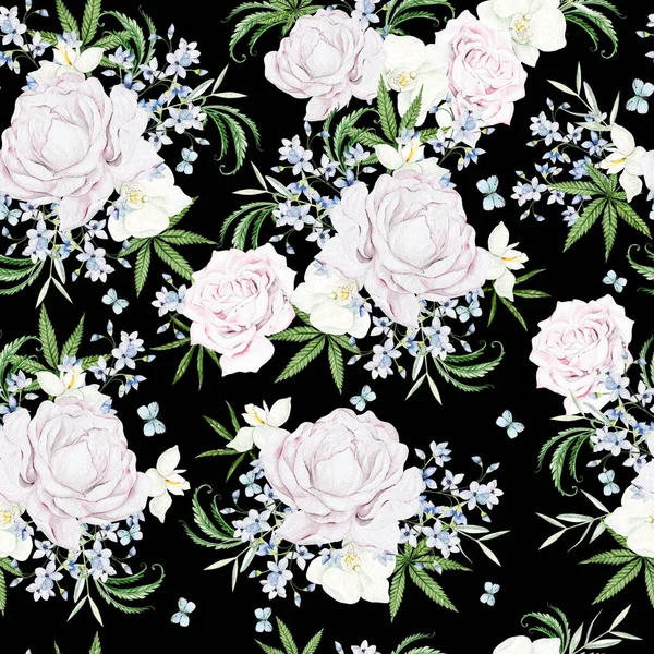 Vackra Späda Akvarell Mönster Med Olika Blommor Och Cannnabis Illustration — Stockfoto