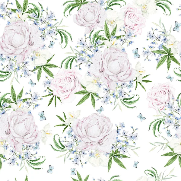 Beautiful Tender Watercolor Pattern Different Flowers Cannnabis Illustration — Stock Photo, Image