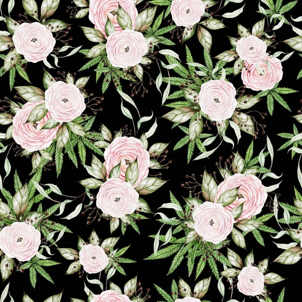 Beautiful Tender Watercolor Pattern Different Flowers Cannnabis Illustration — Stock Photo, Image