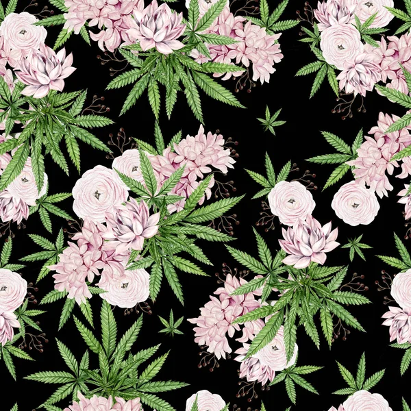 Hermoso Patrón Acuarela Tierna Con Diferentes Flores Cannnabis Ilustración —  Fotos de Stock