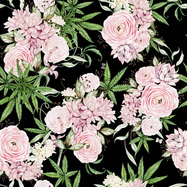 Beautiful Tender Watercolor Pattern Different Flowers Cannnabis Illustration — Stock Photo, Image