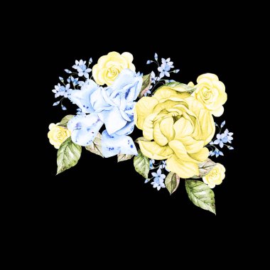 Farklı çiçeklerle suluboya güzel bir buket. Mavi ve yaldızlı renklerde. Görüntü