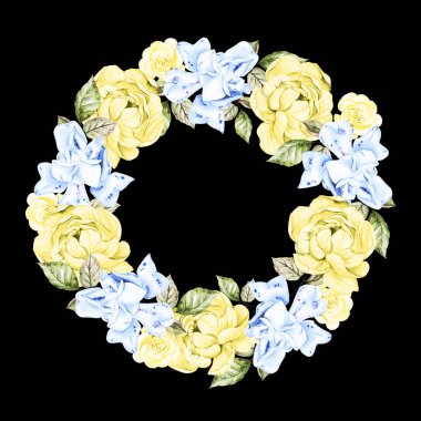 Farklı çiçeklerle suluboya güzel bir çelenk. Mavi ve sarı renklerde. Görüntü