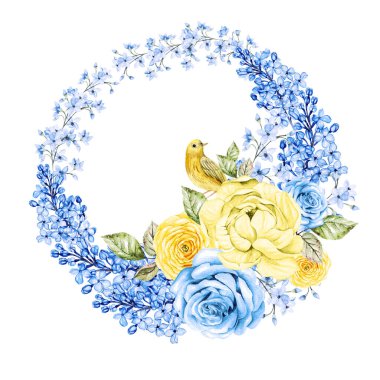 Farklı çiçeklerle suluboya güzel bir çelenk. Mavi ve sarı renklerde. Görüntü