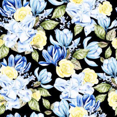 Sarı ve mavi çiçekli suluboya desenli. Görüntü