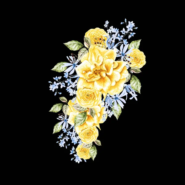 Hermoso Ramo Acuarela Tierna Con Diferentes Flores Colores Azules Amarillos —  Fotos de Stock