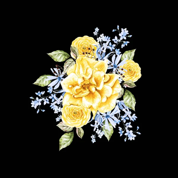 Farklı çiçeklerle suluboya güzel bir buket. Mavi ve sarı renklerde. Görüntü