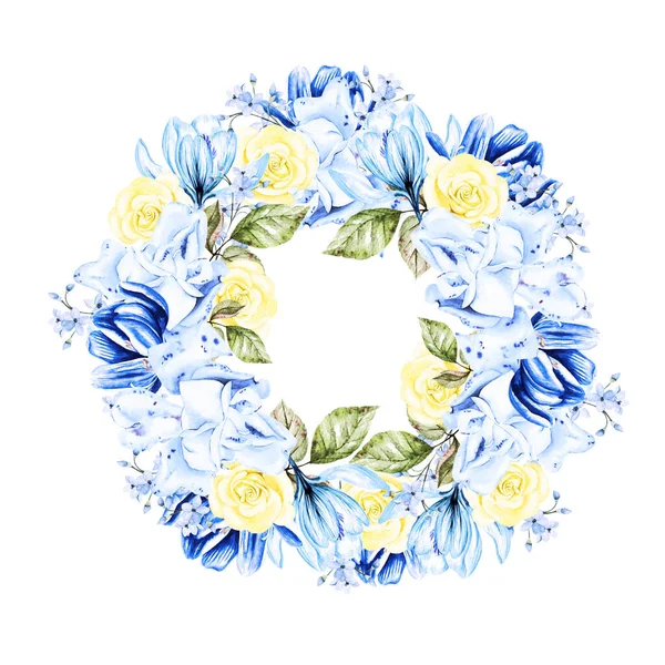Bela Coroa Aquarela Macia Com Flores Diferentes Cores Azul Amarelo — Fotografia de Stock