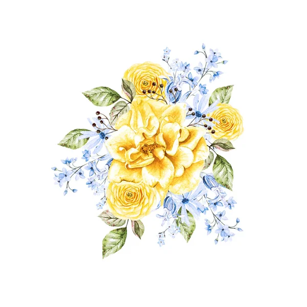 Gyönyörű Lágy Akvarell Csokor Különböző Virágokkal Kék Sárga Színekben Illusztráció — Stock Fotó