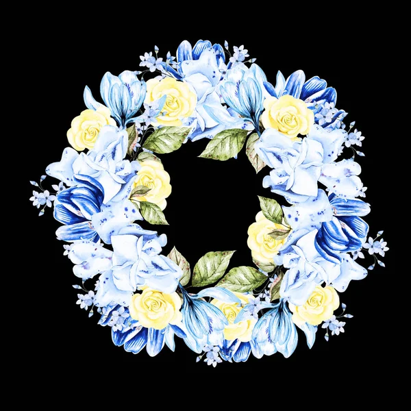 美丽而柔嫩的水彩花环 开着不同的花 蓝色和黄色 说明1 — 图库照片