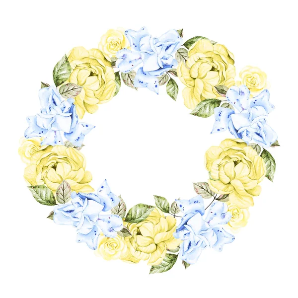 Gyönyörű Lágy Akvarell Koszorú Különböző Virágokkal Kék Sárga Színekben Illusztráció — Stock Fotó