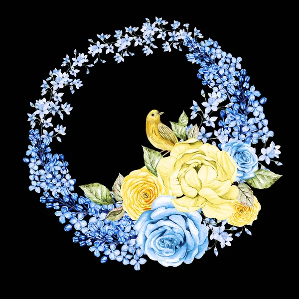 Farklı Çiçeklerle Suluboya Güzel Bir Çelenk Mavi Sarı Renklerde Görüntü — Stok fotoğraf