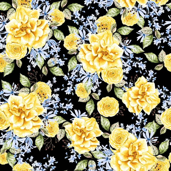 Watercolor Seamless Pattern Yellow Blue Flowers Illustration — Stock Photo, Image
