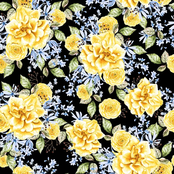 Watercolor seamless pattern with yellow and blue  flowers. Illustration