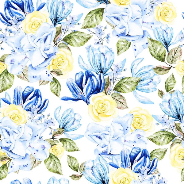 Aquarelle Motif Sans Couture Avec Des Fleurs Jaunes Bleues Illustration — Photo