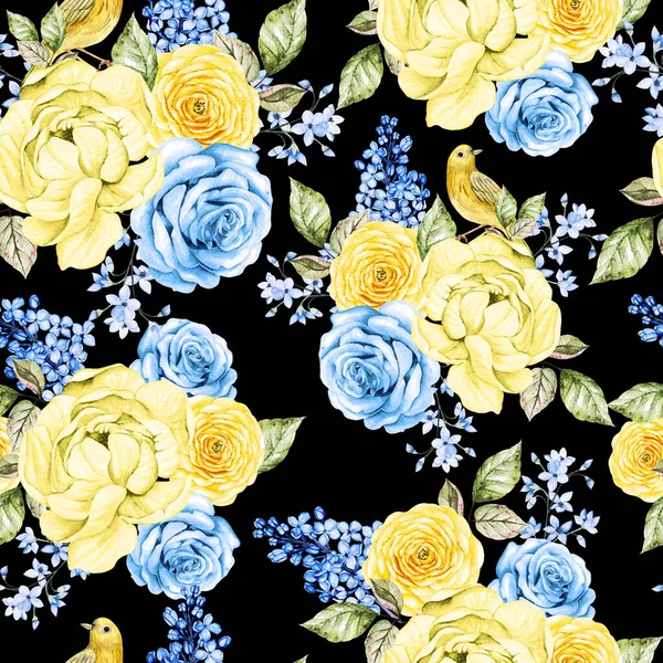 Padrão Sem Costura Aquarela Com Flores Amarelas Azuis Ilustração — Fotografia de Stock