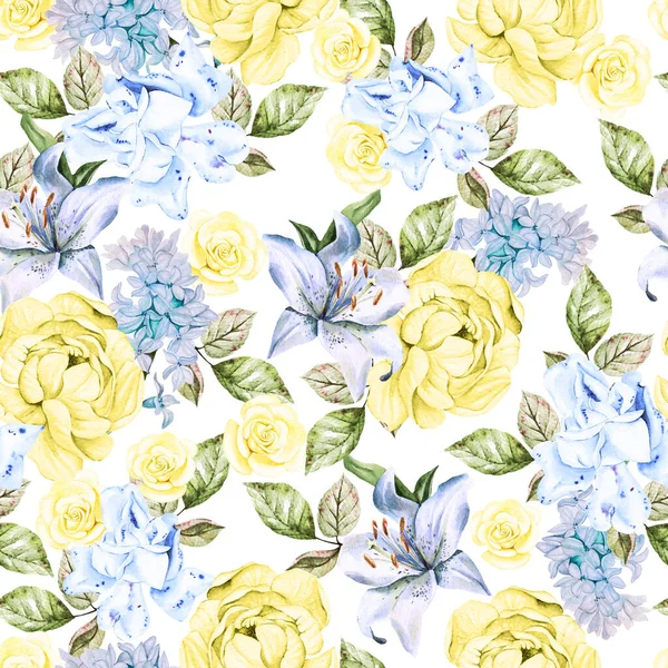 Watercolor seamless pattern with yellow and blue  flowers. Illustration