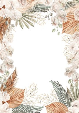 Watercolor boho card with hand painted tropical  orchid flowers of dried palm leaves, branches of pampas and flowers.  Illustration