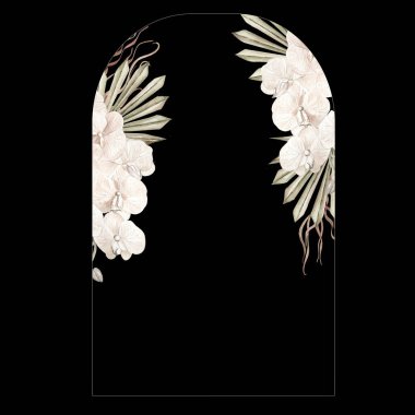 Elle boyanmış tropikal orkide çiçekleri, kurutulmuş palmiye yaprakları, palamut dalları ve çiçeklerle suluboya düğün kartı. Görüntü