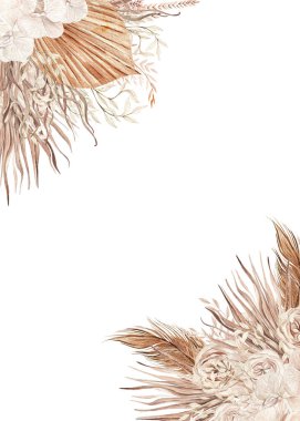 Elle boyanmış tropikal orkide çiçekleri, kurutulmuş palmiye yaprakları, palamut dalları ve çiçeklerle suluboya boho kartı. Görüntü