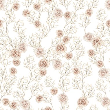 Watercolor boho seamless pattern with hand painted rose flowers, leaves. Illustration