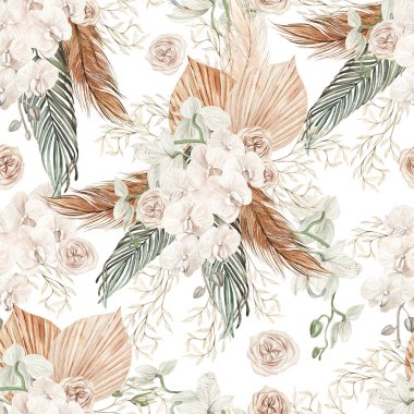Watercolor boho seamless pattern with hand painted tropical flowers of dried palm leaves, branches of pampas and rose flowers.   Illustration