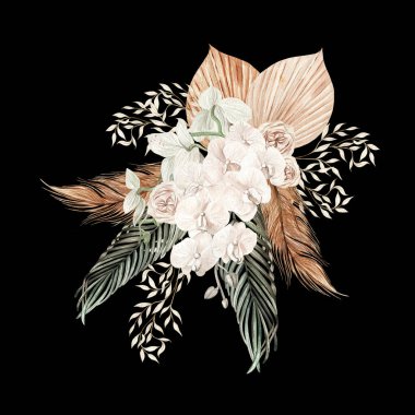 Elle boyanmış tropikal çiçeklerle suluboya boho buketi orkide ve kurutulmuş palmiye yaprakları, pampa dalları ve gül çiçekleri. Görüntü