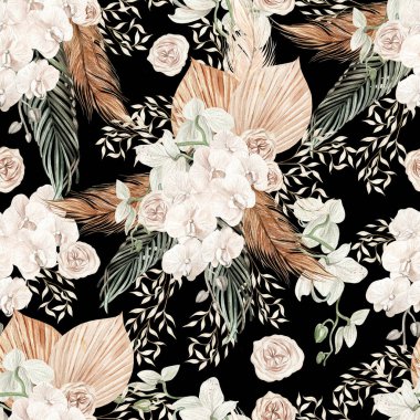 Elle boyanmış tropikal palmiye yaprakları, palamut dalları ve gül çiçekleriyle suluboya desenler. Görüntü