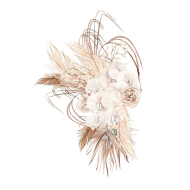 Elle boyanmış tropik çiçekli suluboya düğün çiçekleri orkide ve kurutulmuş palmiye yaprakları, pampa dalları ve gül çiçekleri. Görüntü