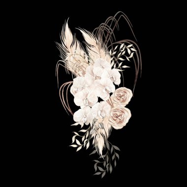 Elle boyanmış tropik çiçekli suluboya düğün çiçekleri orkide ve kurutulmuş palmiye yaprakları, pampa dalları ve gül çiçekleri. Görüntü