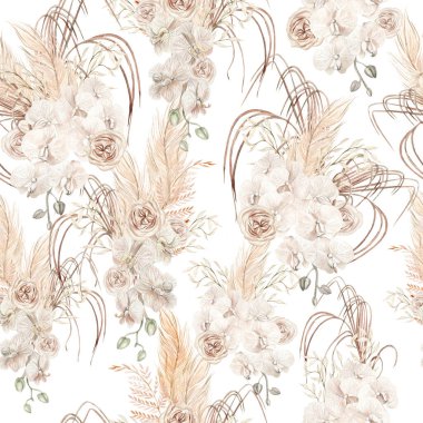 Watercolor boho seamless pattern with hand painted tropical flowers of dried palm leaves, branches of pampas and rose flowers.   Illustration