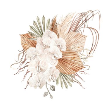 Elle boyanmış tropik çiçekli suluboya düğün çiçekleri orkide ve kurutulmuş palmiye yaprakları, pampa dalları ve gül çiçekleri. Görüntü