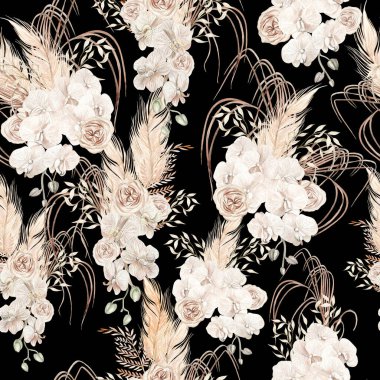 Elle boyanmış tropikal palmiye yaprakları, palamut dalları ve gül çiçekleriyle suluboya desenler. Görüntü