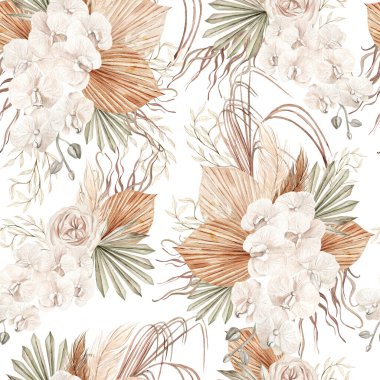 Watercolor boho seamless pattern with hand painted tropical flowers of dried palm leaves, branches of pampas and rose flowers.   Illustration