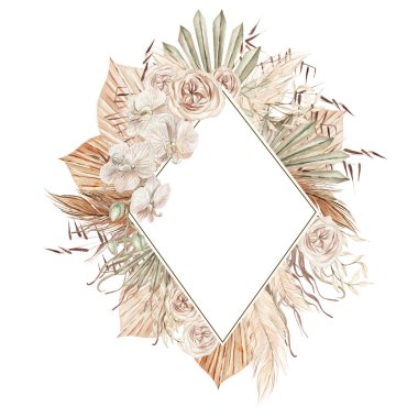Watercolor boho wedding card with hand painted tropical  orchid flowers of dried palm leaves, branches of pampas and flowers.  Illustration