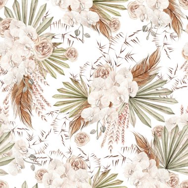 Watercolor boho seamless pattern with hand painted tropical flowers of dried palm leaves, branches of pampas and rose flowers.   Illustration