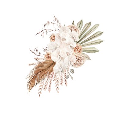 Watercolor  wedding boho bouquet with hand painted tropical flowers  orchid and dried palm leaves, branches of pampas and rose flowers.   Illustration