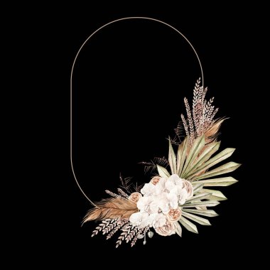 Elle boyanmış tropikal orkide çiçekleri, kurutulmuş palmiye yaprakları, palamut dalları ve çiçeklerle suluboya düğün kartı. Görüntü