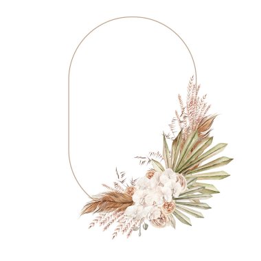 Watercolor boho wedding card with hand painted tropical  orchid flowers of dried palm leaves, branches of pampas and flowers.  Illustration