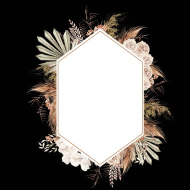 Elle boyanmış tropikal orkide çiçekleri, kurutulmuş palmiye yaprakları, palamut dalları ve çiçeklerle suluboya düğün kartı. Görüntü