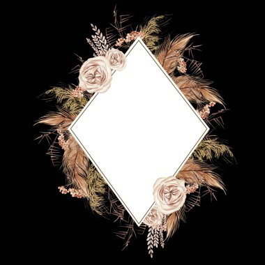 Elle boyanmış tropikal orkide çiçekleri, kurutulmuş palmiye yaprakları, palamut dalları ve çiçeklerle suluboya düğün kartı. Görüntü