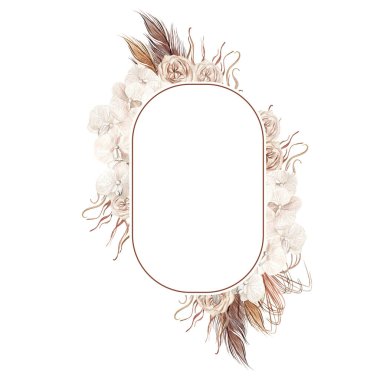 Elle boyanmış tropikal orkide çiçekleri, kurutulmuş palmiye yaprakları, palamut dalları ve çiçeklerle suluboya düğün kartı. Görüntü