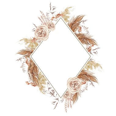 Elle boyanmış tropikal orkide çiçekleri, kurutulmuş palmiye yaprakları, palamut dalları ve çiçeklerle suluboya düğün kartı. Görüntü