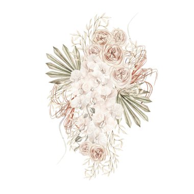 Watercolor  wedding boho bouquet with hand painted tropical flowers  orchid and dried palm leaves, branches of pampas and rose flowers.   Illustration