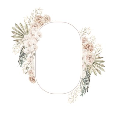 Elle boyanmış tropikal orkide çiçekleri, kurutulmuş palmiye yaprakları, palamut dalları ve çiçeklerle suluboya düğün kartı. Görüntü