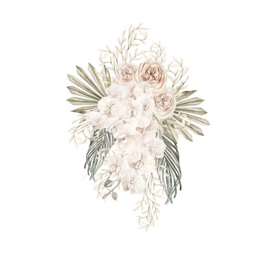 Watercolor  wedding boho bouquet with hand painted tropical flowers  orchid and dried palm leaves, branches of pampas and rose flowers.   Illustration