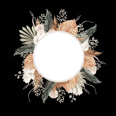 Elle boyanmış tropikal orkide çiçekleri, kurutulmuş palmiye yaprakları, palamut dalları ve çiçeklerle suluboya düğün kartı. Görüntü