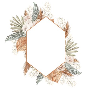 Watercolor boho wedding card with hand painted tropical  orchid flowers of dried palm leaves, branches of pampas and flowers.  Illustration