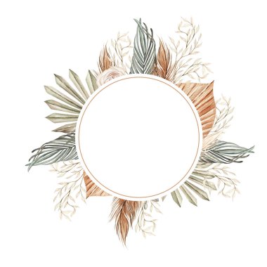 Elle boyanmış tropikal orkide çiçekleri, kurutulmuş palmiye yaprakları, palamut dalları ve çiçeklerle suluboya düğün kartı. Görüntü