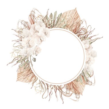 Watercolor boho wedding card with hand painted tropical  orchid flowers of dried palm leaves, branches of pampas and flowers.  Illustration